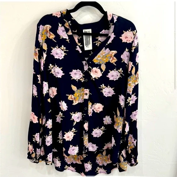 Free People Medium Julia Printed Navy Floral dress or tunic long sleeves EUC! - Picture 2 of 7
